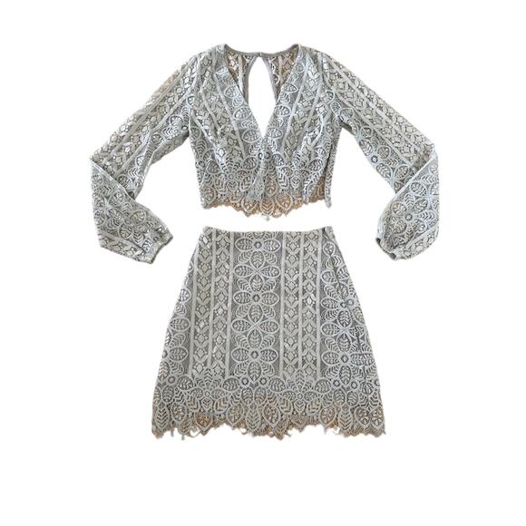 For Love & Lemons - Lyla Lace Overlay Top and Mini Skirt in Gray - Picture 1 of 5